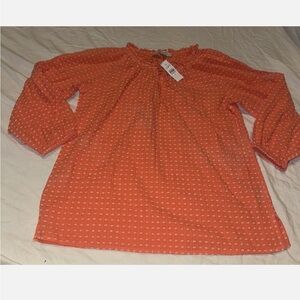 Loft Blouse Orange Polka Dot Long Sleeve Crew Neck Cotton Casual XS
